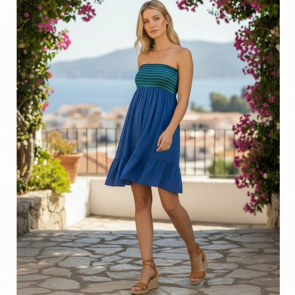 Kirra Womens Blue Smocked Mini Dress Spaghetti Strap Ruffle Hem Size L Retro